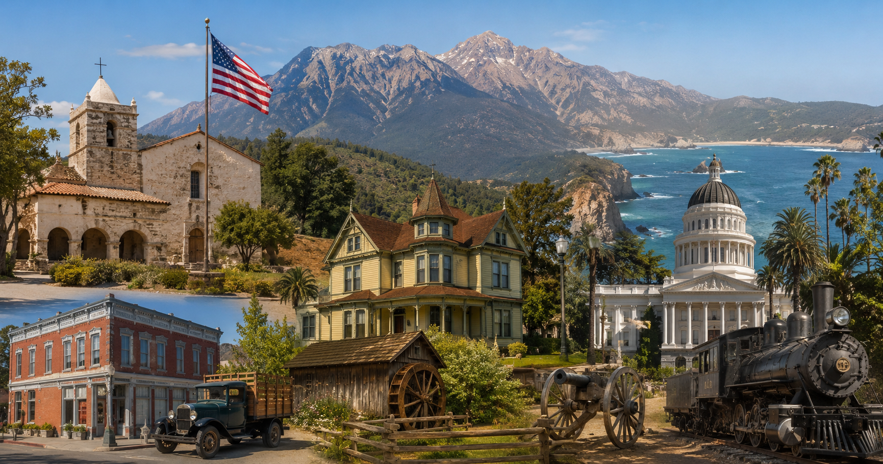 California historical landmarks and landscapes representing America at 250