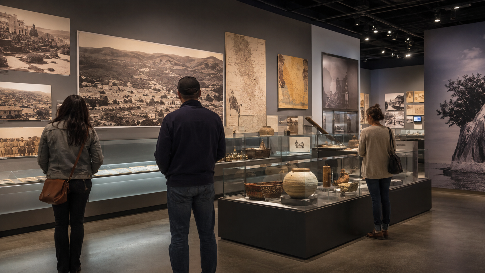 California history exhibit with archival photographs maps and historic objects