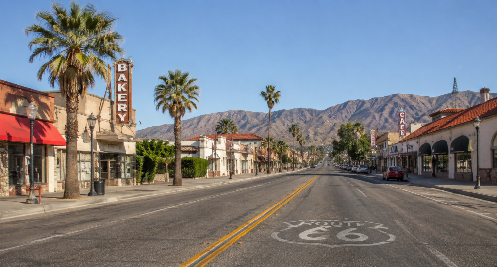 Classic California Route 66 streetscape near the western end of the Mother Road