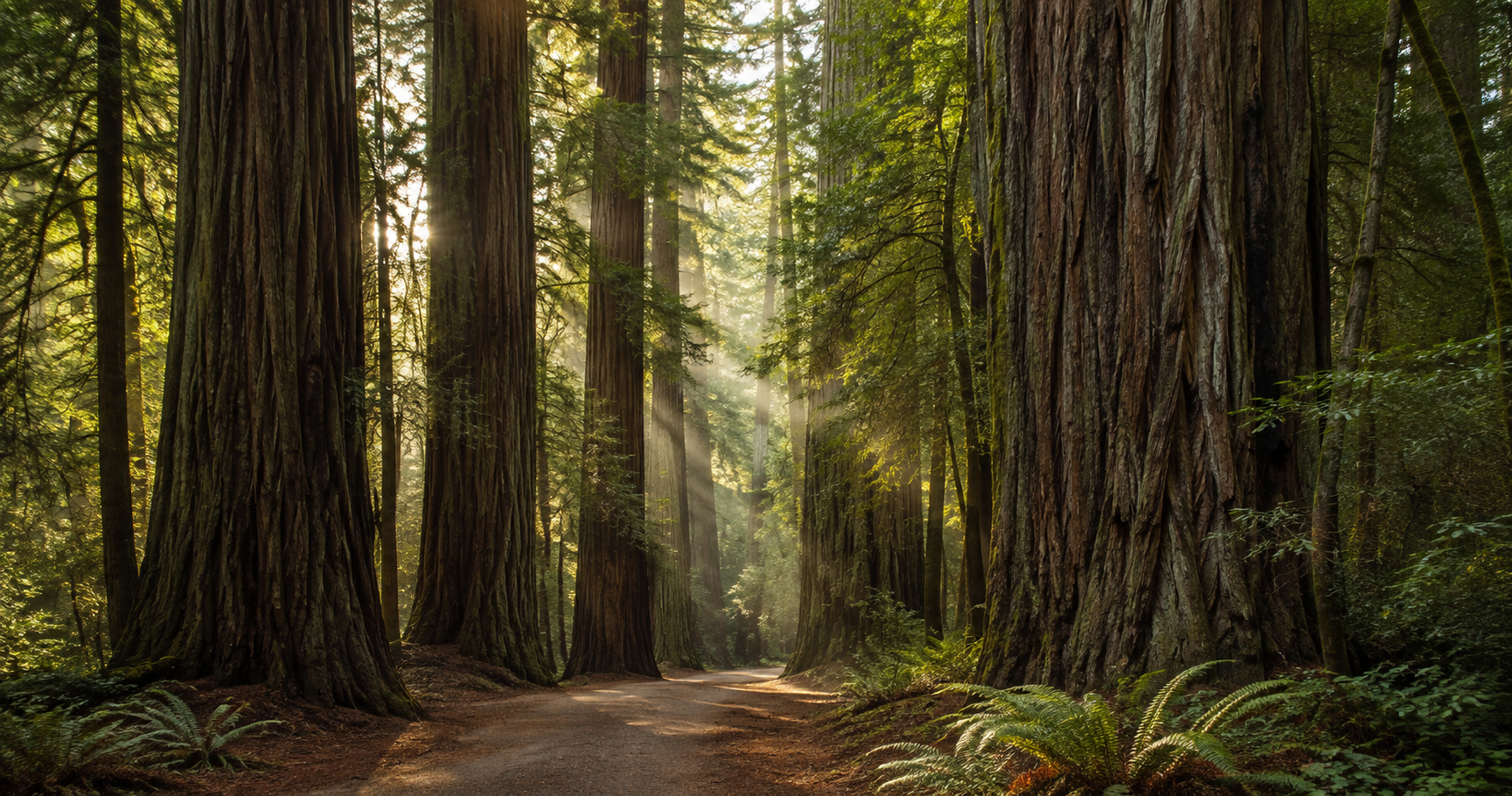 Sunlit trail winding through towering redwood trees in a California forest
