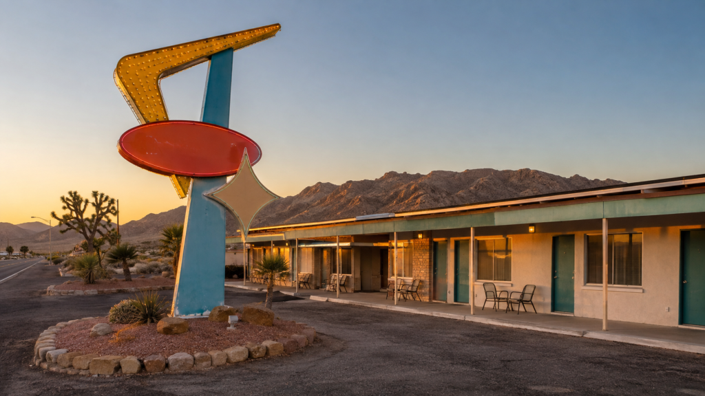 Vintage roadside motel and neon sign along historic Route 66 in California
