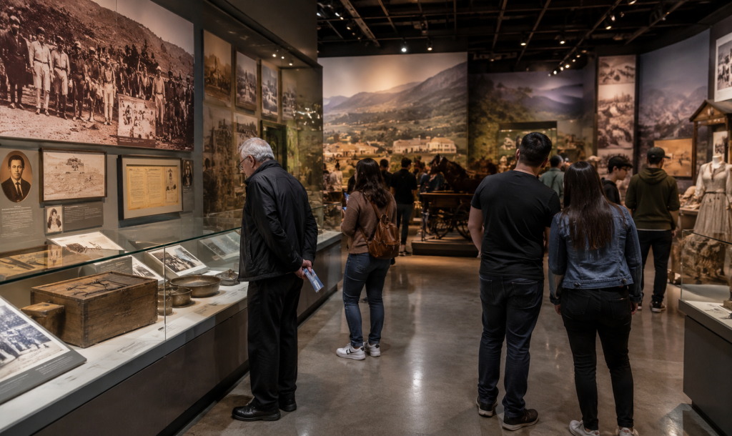 Visitors exploring a California museum exhibition during the America 250 anniversary